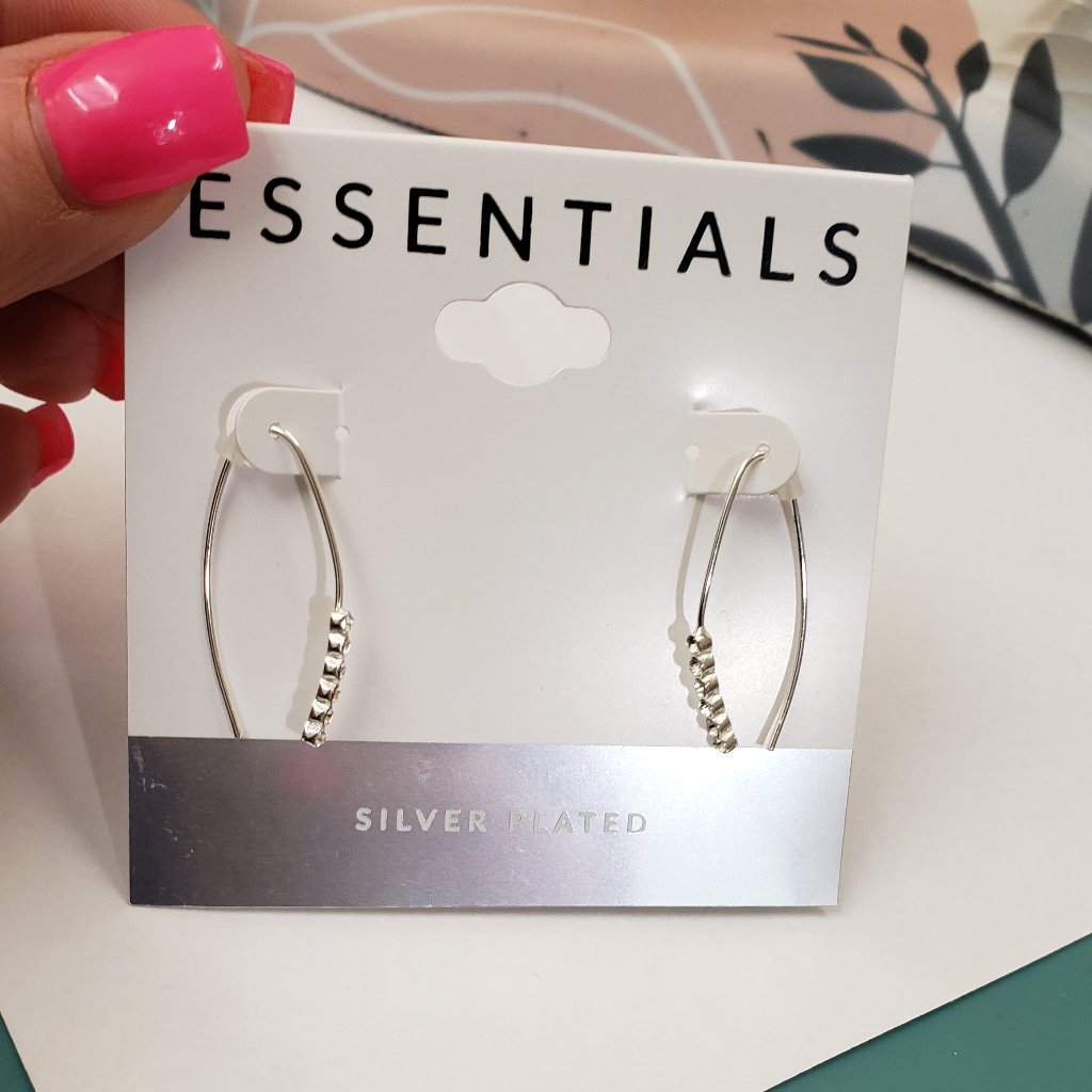 Essentials Nwt Fine Silver Plated Clear Rhinestone Oblong Hoop Thread Earrings 28$